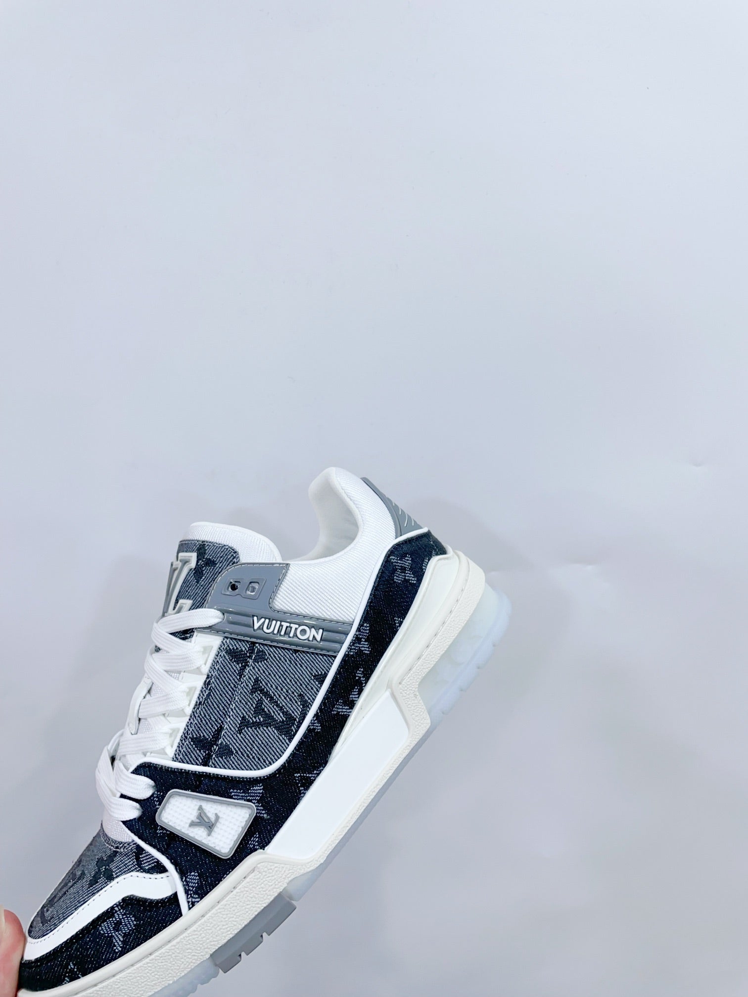 LOUIS VUITTON LV TRAINER SNEAKER IN DOVE GRAY MONOGRAM DENIM