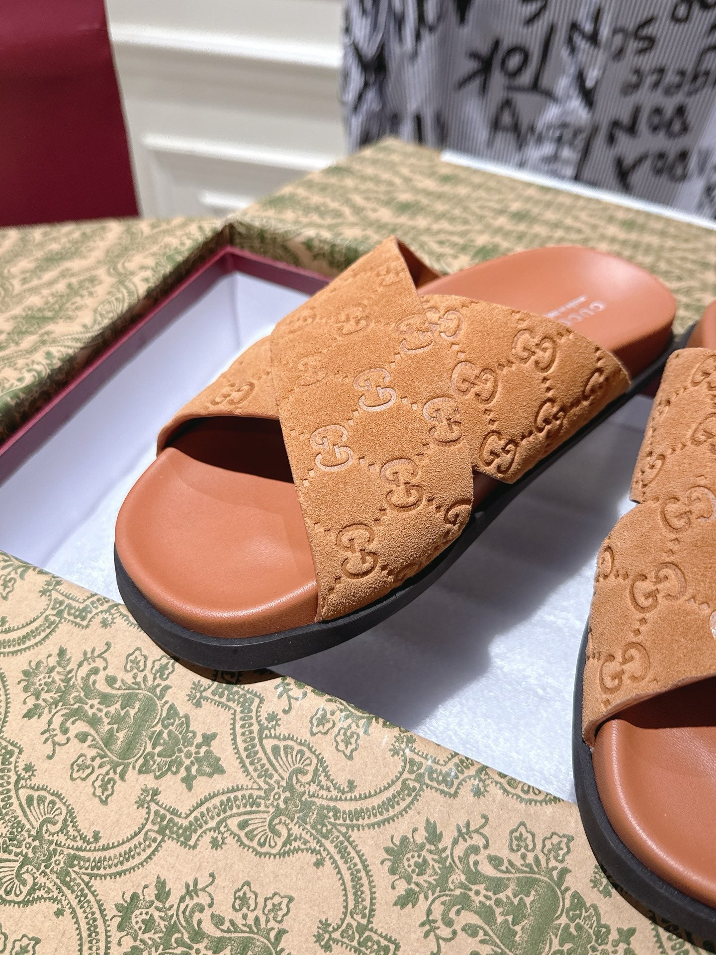 GUCCI SLIDES IN BURNT ORANGE SUEDE WITH EMBOSSED LOGO STYLE 11