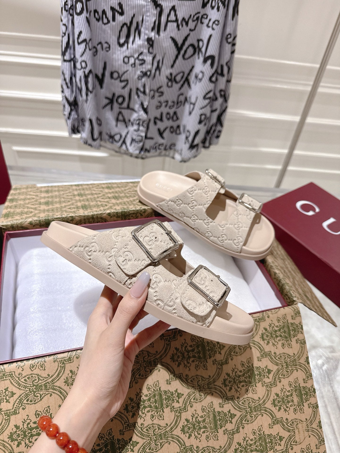 GUCCI SANDALS IN NUDE BEIGE SUEDE EMBOSSED LOGO SILVER HARDWARE