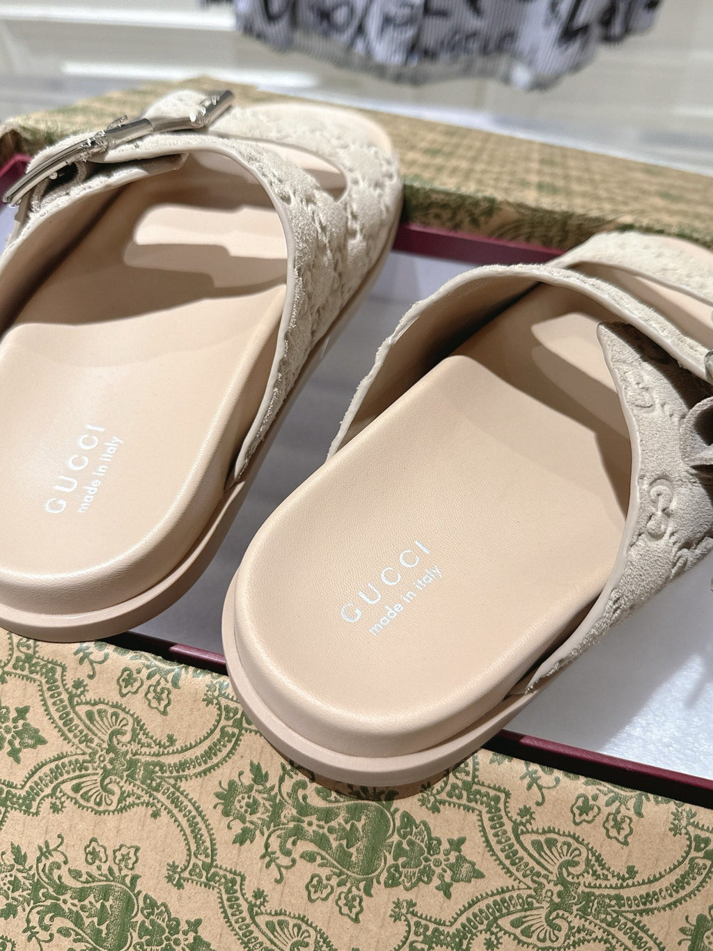 GUCCI SANDALS IN NUDE BEIGE SUEDE EMBOSSED LOGO SILVER HARDWARE