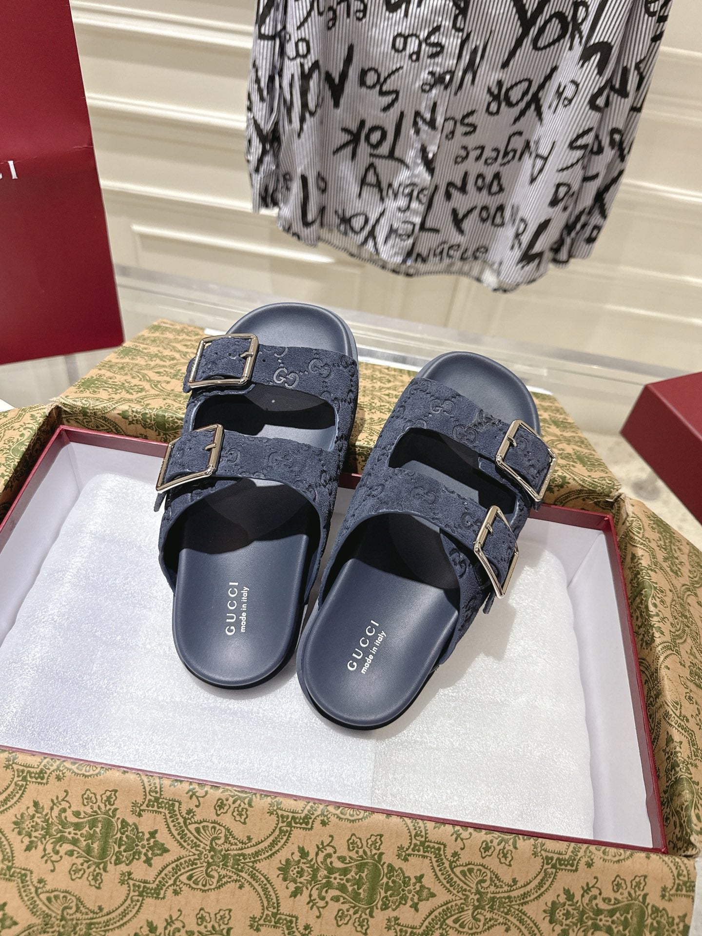 GUCCI SANDALS IN NAVY BLUE SUEDE EMBOSSED LOGO SILVER HARDWARE