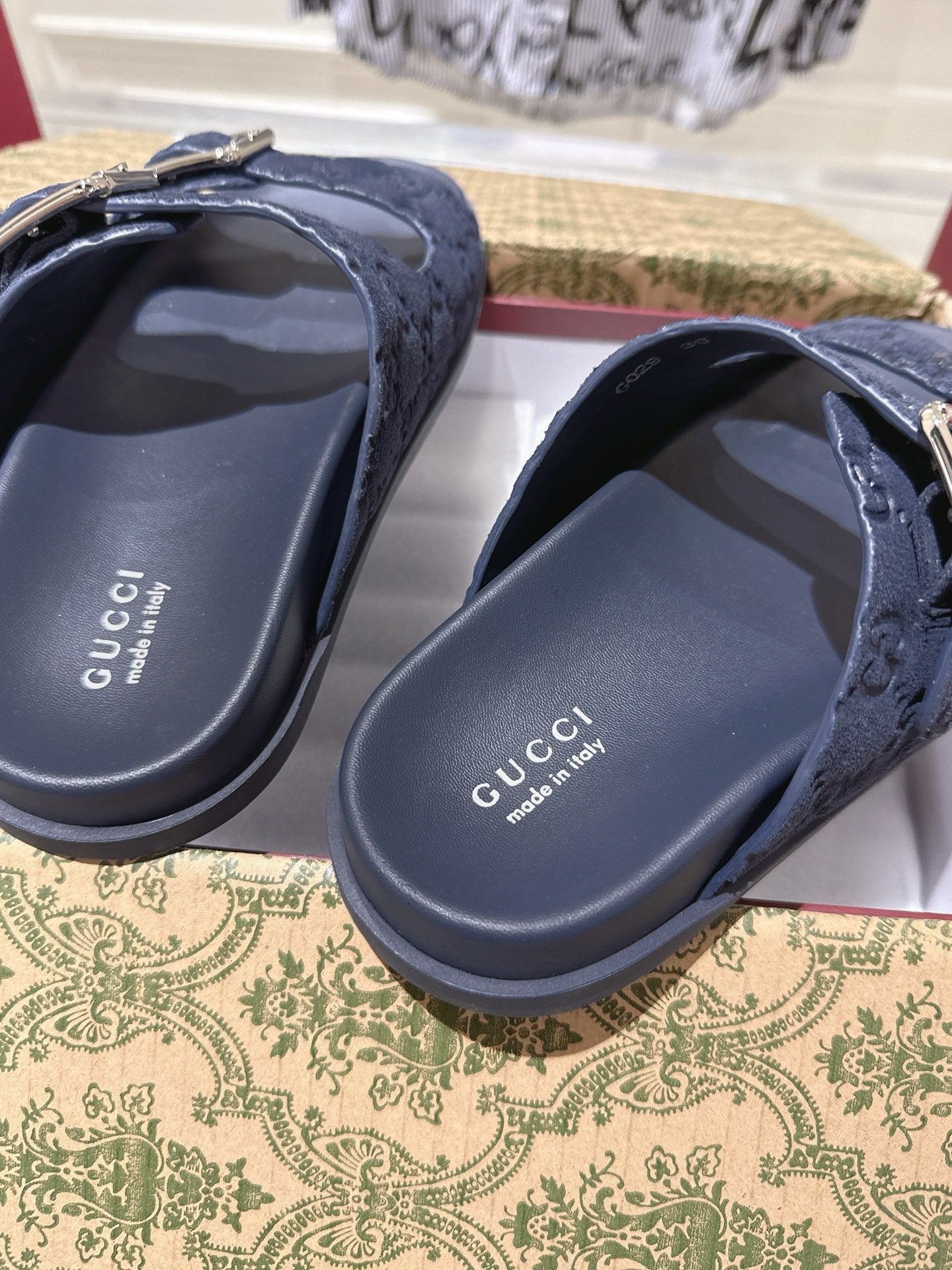 GUCCI SANDALS IN NAVY BLUE SUEDE EMBOSSED LOGO SILVER HARDWARE