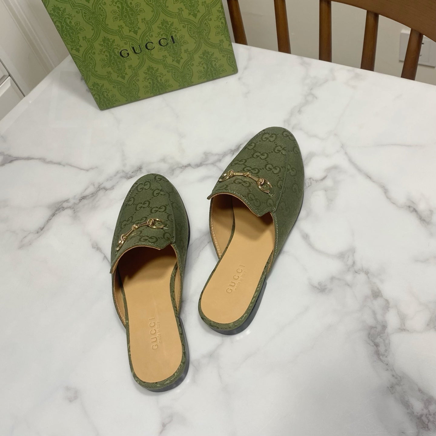 GUCCI MULES IN MOSS GREEN FABRIC GOLD HARD WARE