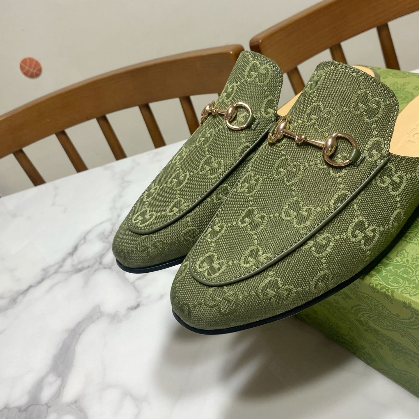 GUCCI MULES IN MOSS GREEN FABRIC GOLD HARD WARE