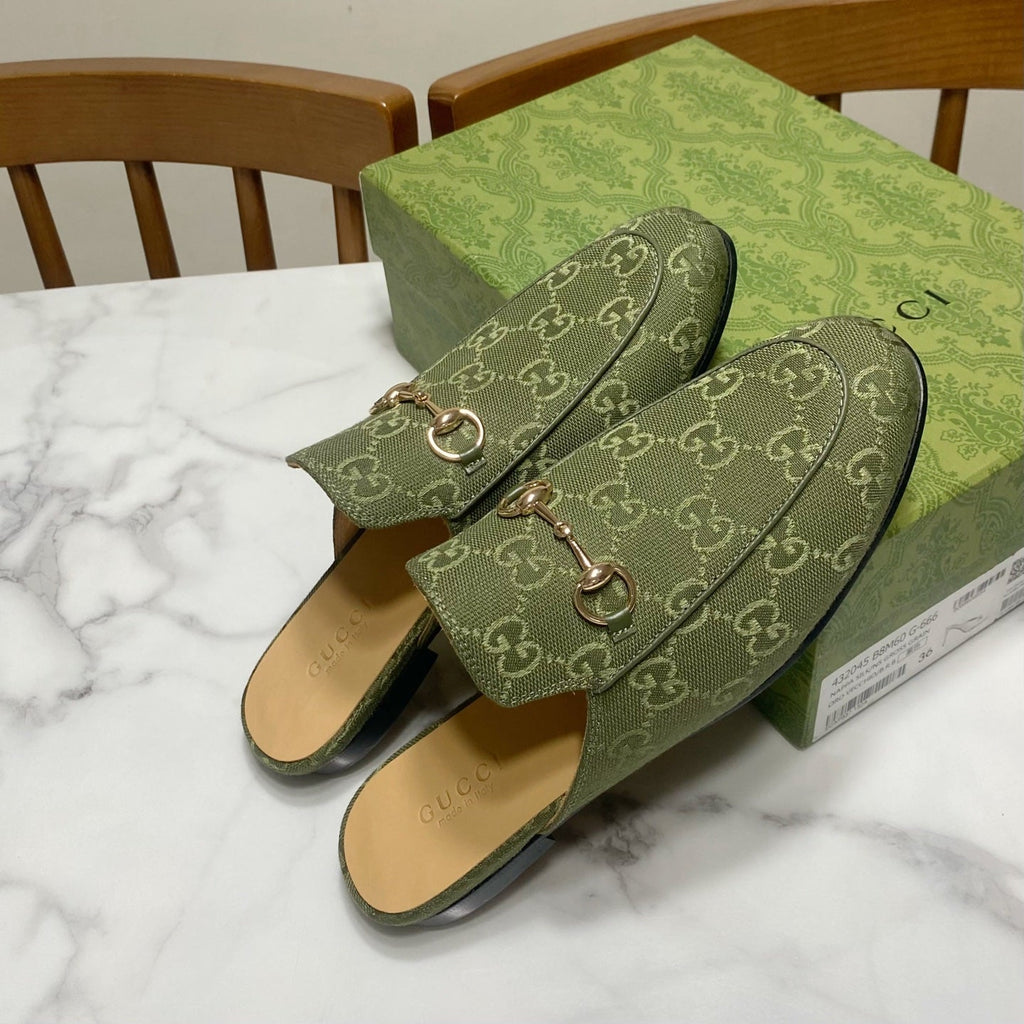 GUCCI MULES IN MOSS GREEN FABRIC GOLD HARD WARE