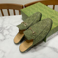 GUCCI MULES IN MOSS GREEN FABRIC GOLD HARD WARE