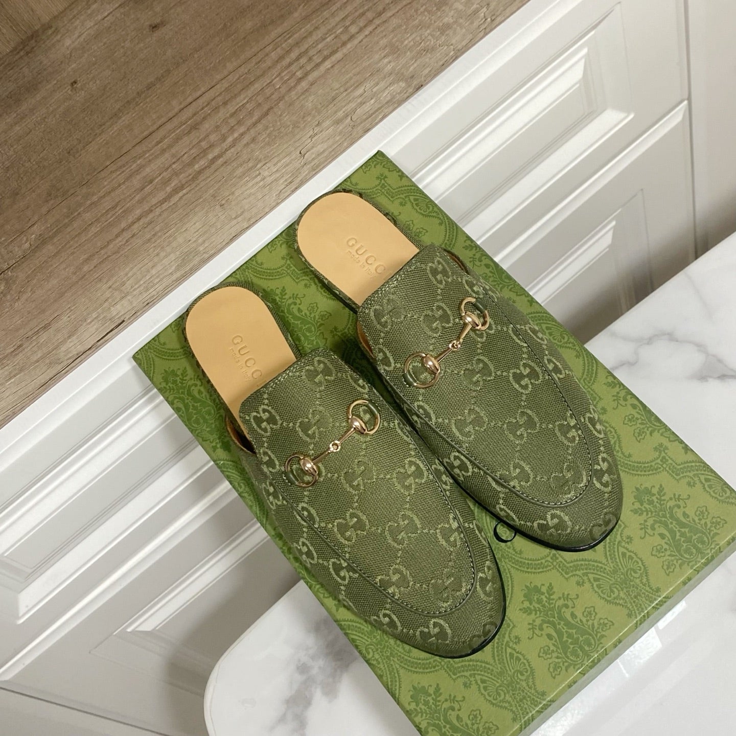 GUCCI MULES IN MOSS GREEN FABRIC GOLD HARD WARE