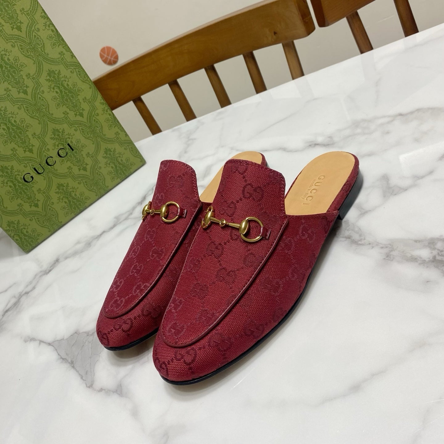 GUCCI MULES IN RED FABRIC GOLD HARD WARE