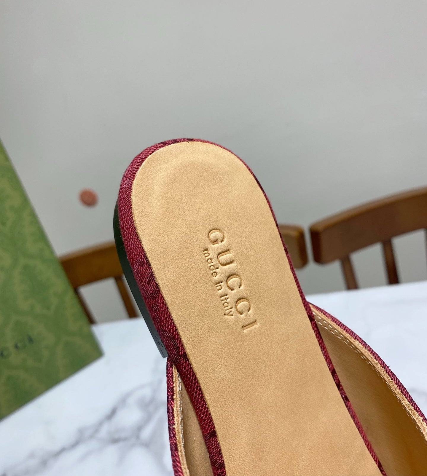 GUCCI MULES IN RED FABRIC GOLD HARD WARE