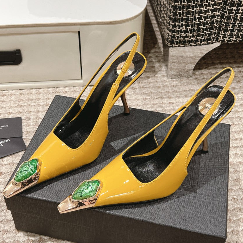 LOUIS VUITTON DUNE HIGH 10 CM SLINGBACK PUMPS IN CLASSIC YELLOW PATENT LEATHER WITH CRYSTAL