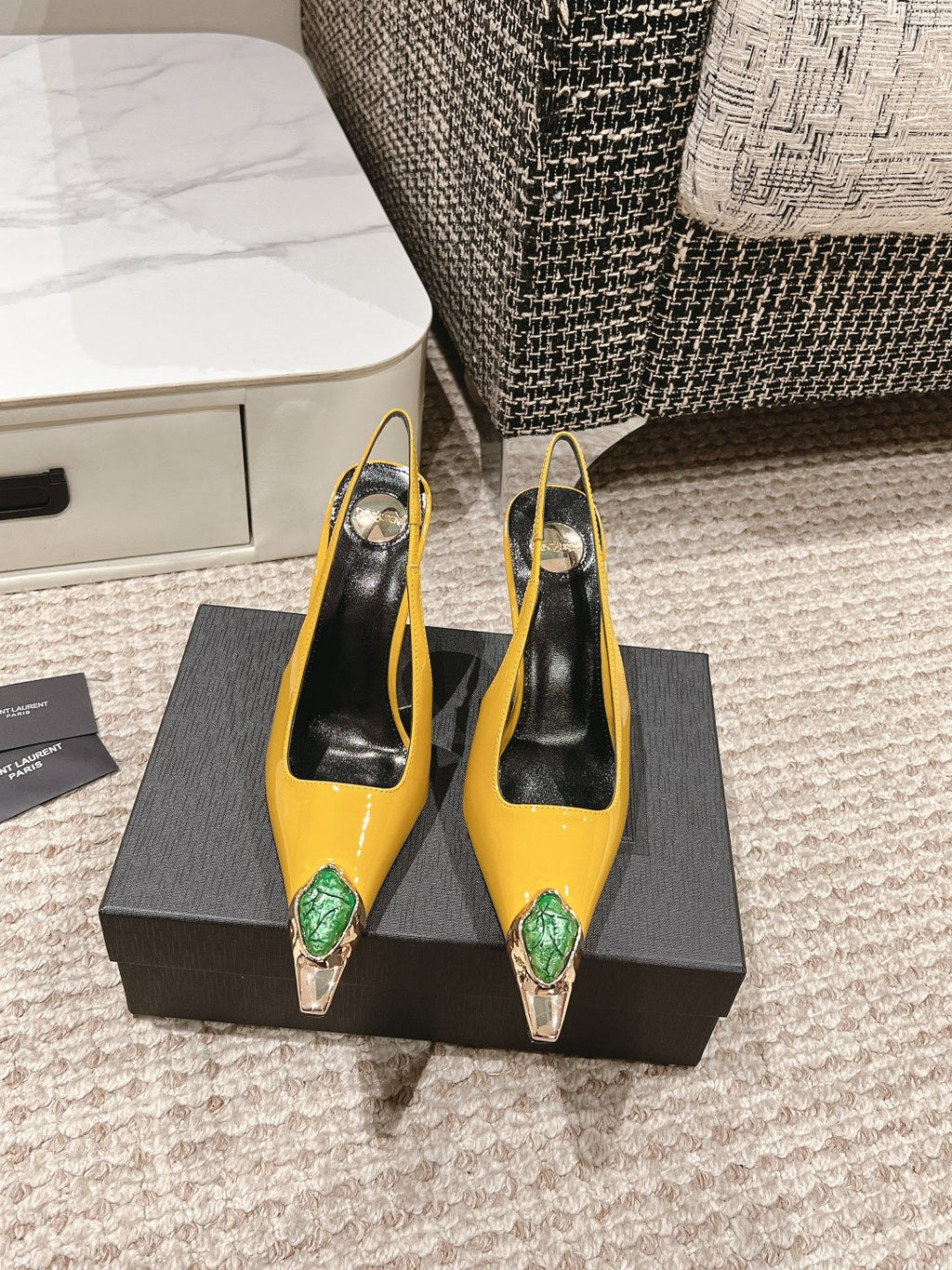 LOUIS VUITTON DUNE HIGH 10 CM SLINGBACK PUMPS IN CLASSIC YELLOW PATENT LEATHER WITH CRYSTAL