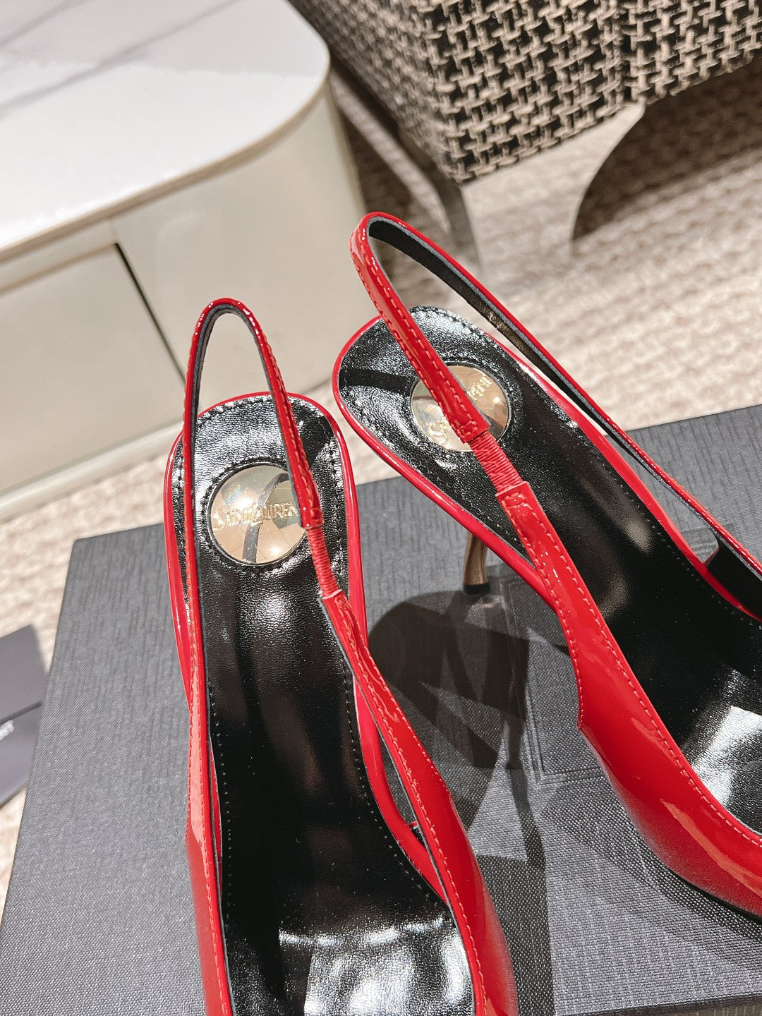 LOUIS VUITTON DUNE HIGH 10 CM SLINGBACK PUMPS IN RUBY RED PATENT LEATHER WITH CRYSTAL
