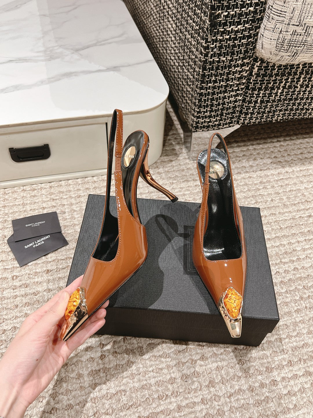 LOUIS VUITTON DUNE HIGH 10 CM SLINGBACK PUMPS IN BRONZE BROWN PATENT LEATHER WITH CRYSTAL
