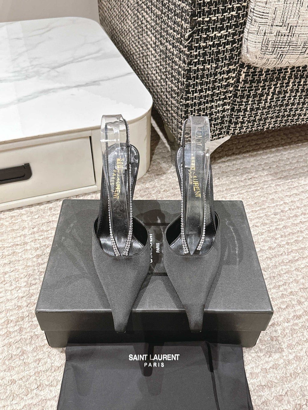 LOUIS VUITTON BARBARA 90 EMBELLISHED BLACK SATIN MULES WITH RHINSTONES