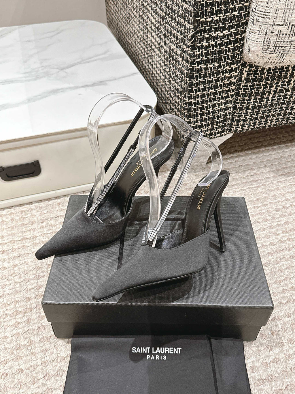 LOUIS VUITTON BARBARA 90 EMBELLISHED BLACK SATIN MULES WITH RHINSTONES