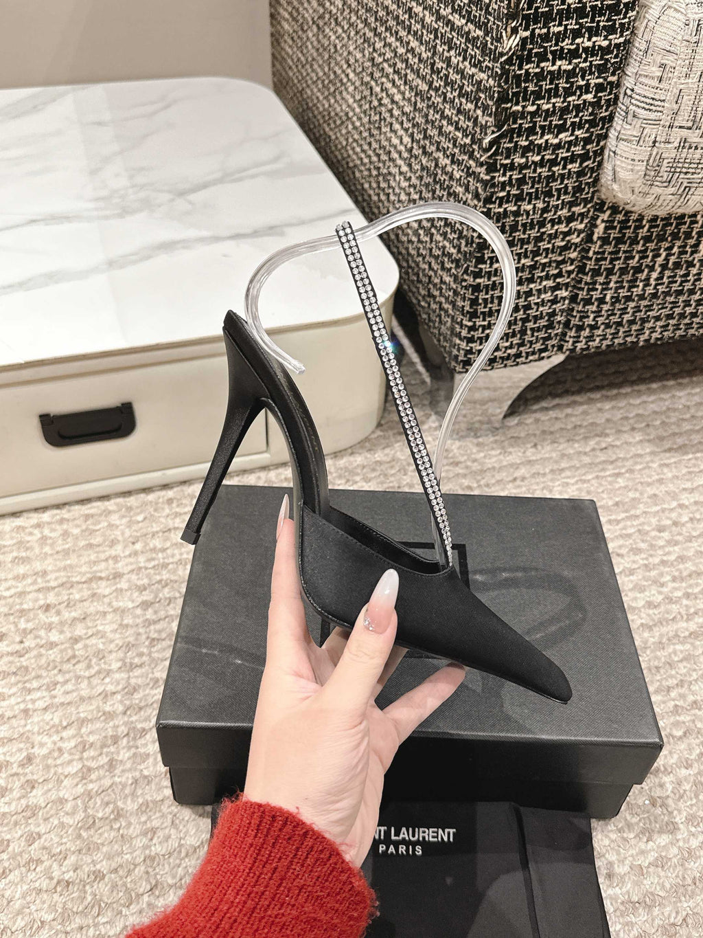 LOUIS VUITTON BARBARA 90 EMBELLISHED BLACK SATIN MULES WITH RHINSTONES