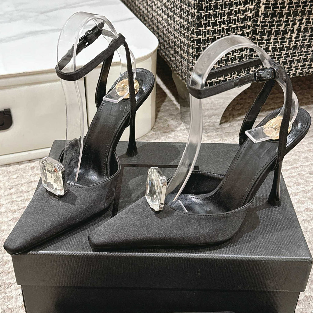 LOUIS VUITTON AIMÉE HIGH 75 MM SLINGBACK PUMPS IN BLACK SATIN WITH CRYSTAL