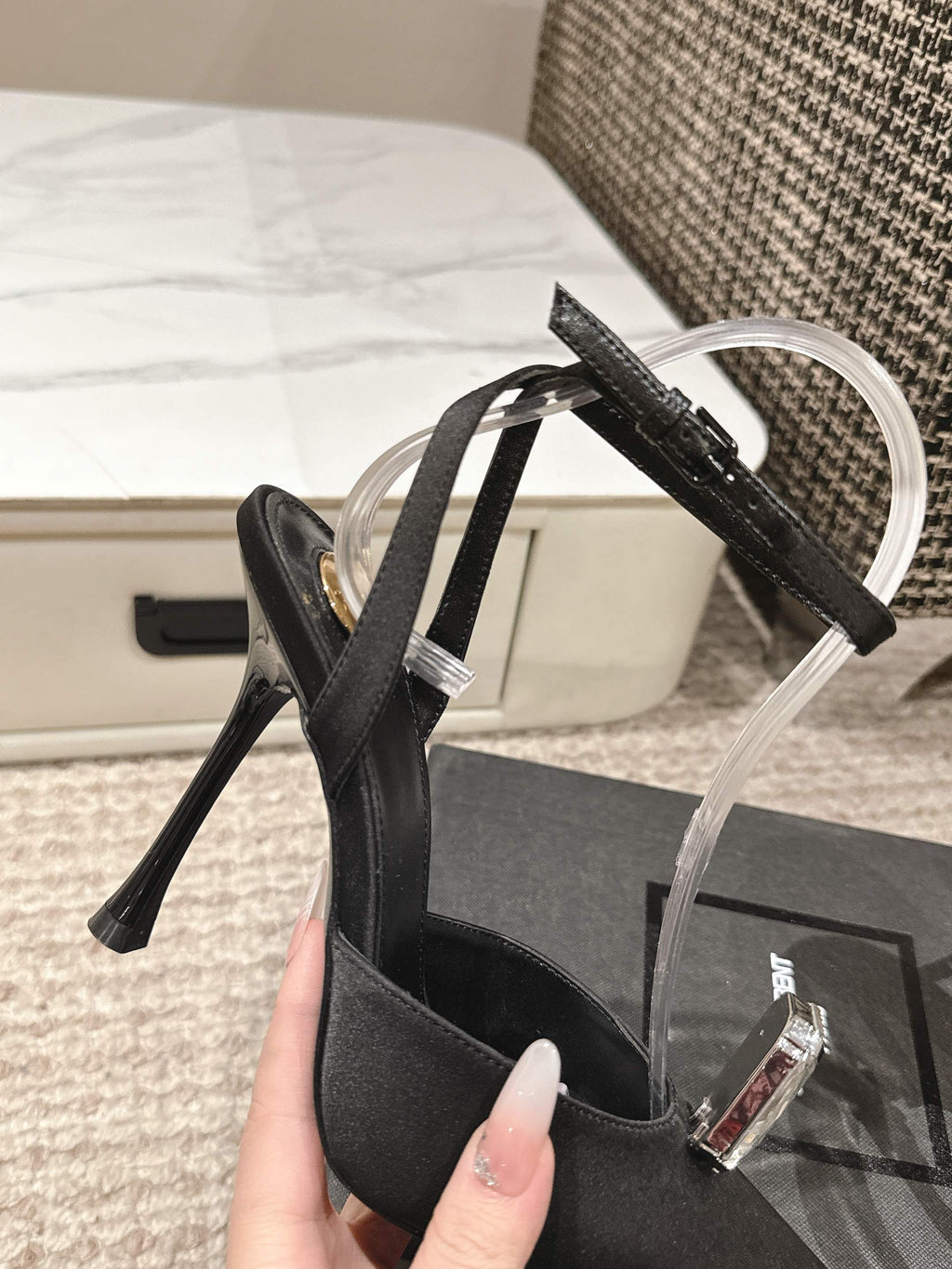 LOUIS VUITTON AIMÉE HIGH 75 MM SLINGBACK PUMPS IN BLACK SATIN WITH CRYSTAL