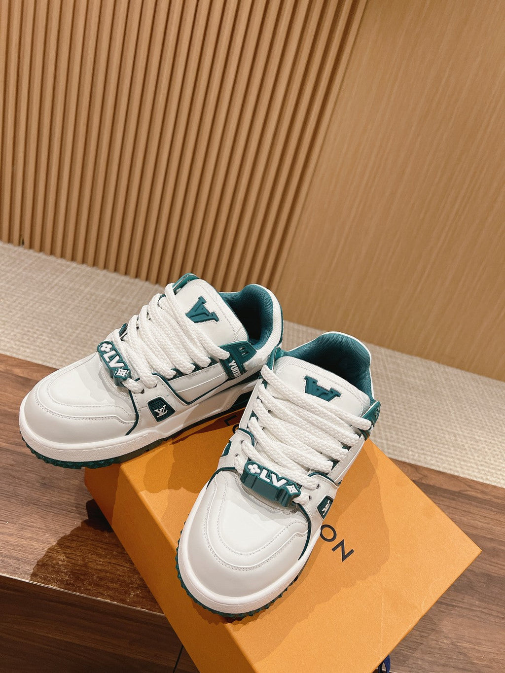 LOUIS VUITTON LV Trainer Maxi Sneaker White Mix Emerald Green Calfskin