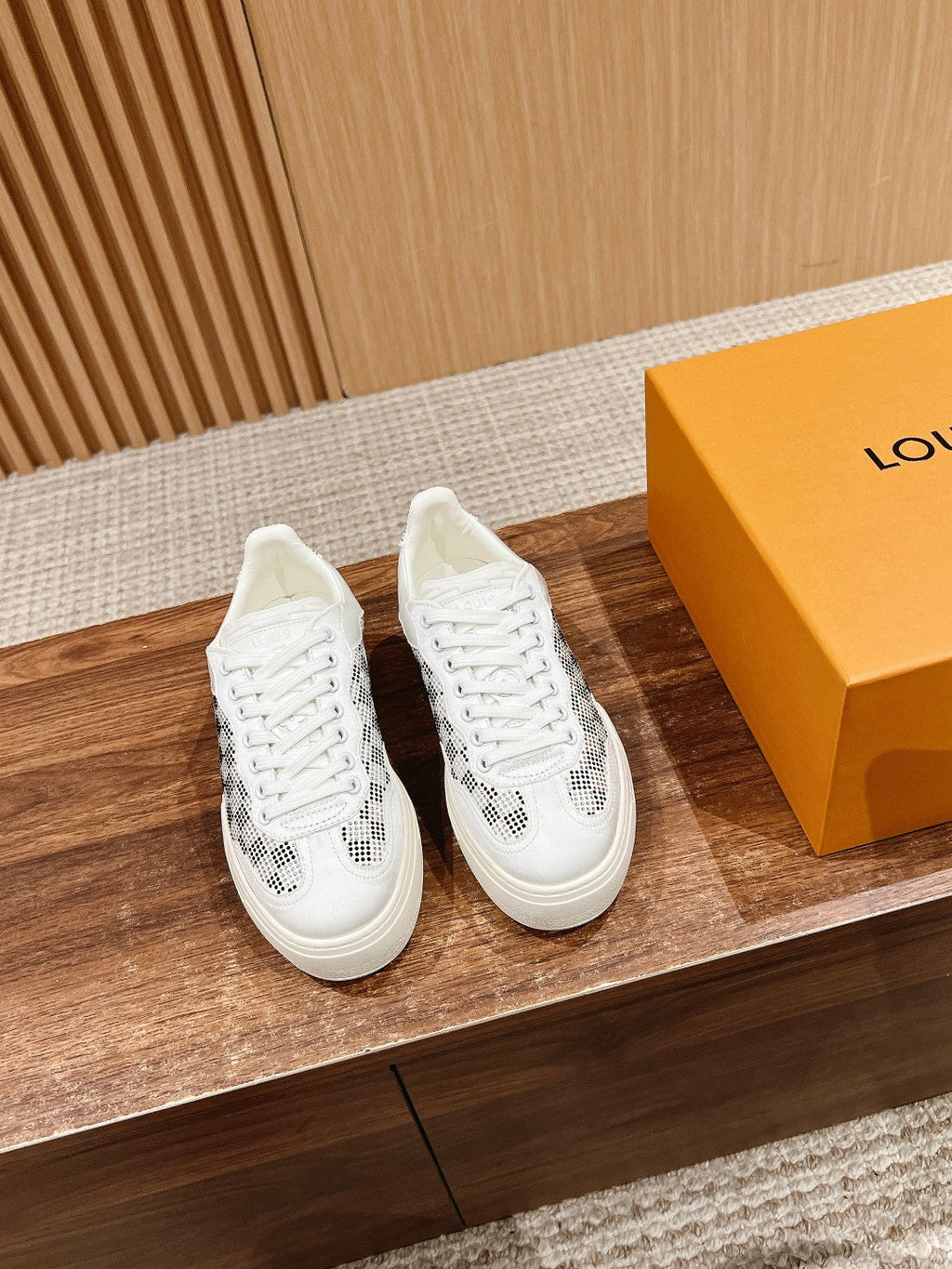 LOUIS VUITTON LV GROOVY SNEAKER IN WHITE DAMIER STRASS AND CALFSKIN