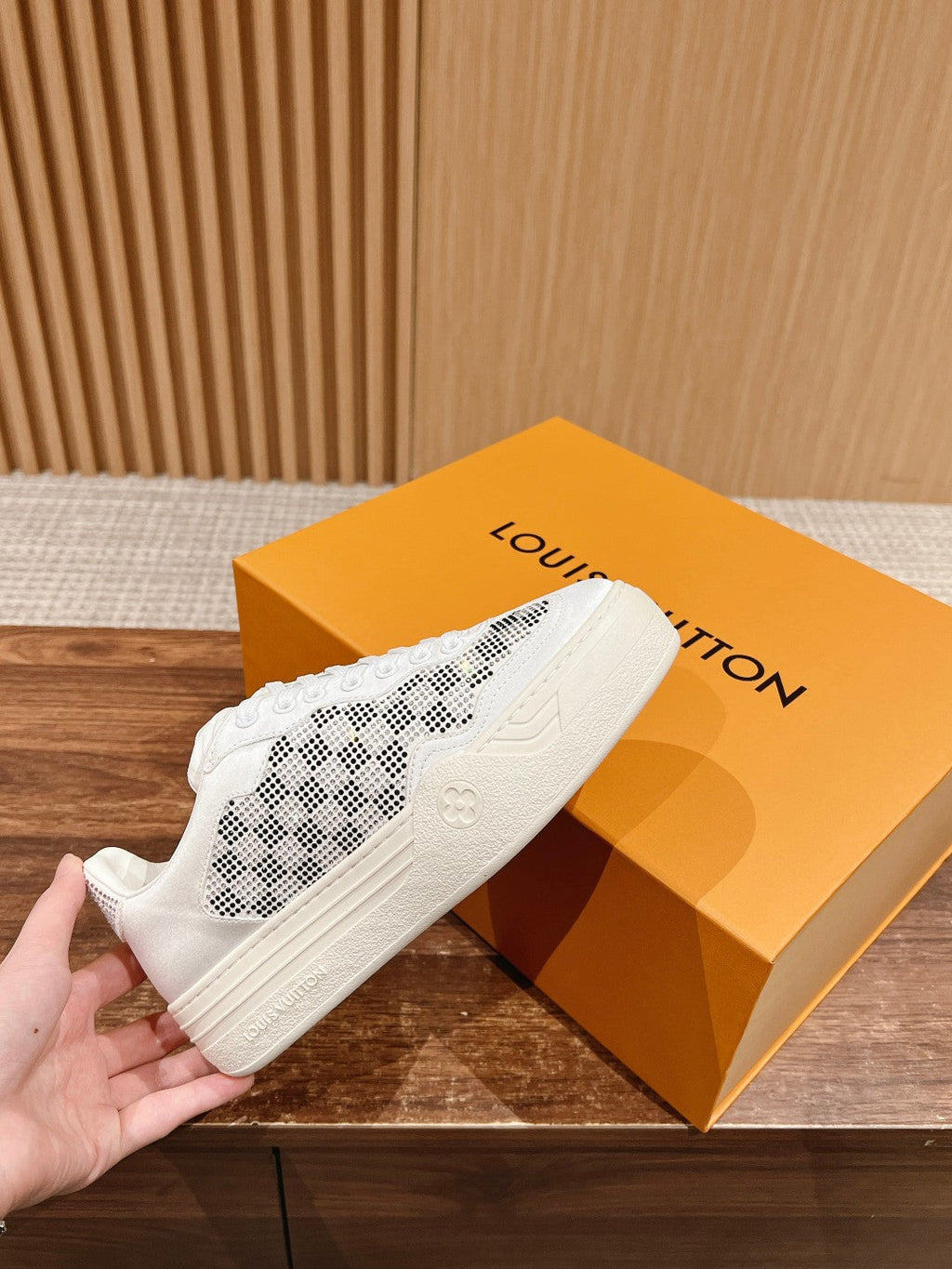 LOUIS VUITTON LV GROOVY SNEAKER IN WHITE DAMIER STRASS AND CALFSKIN