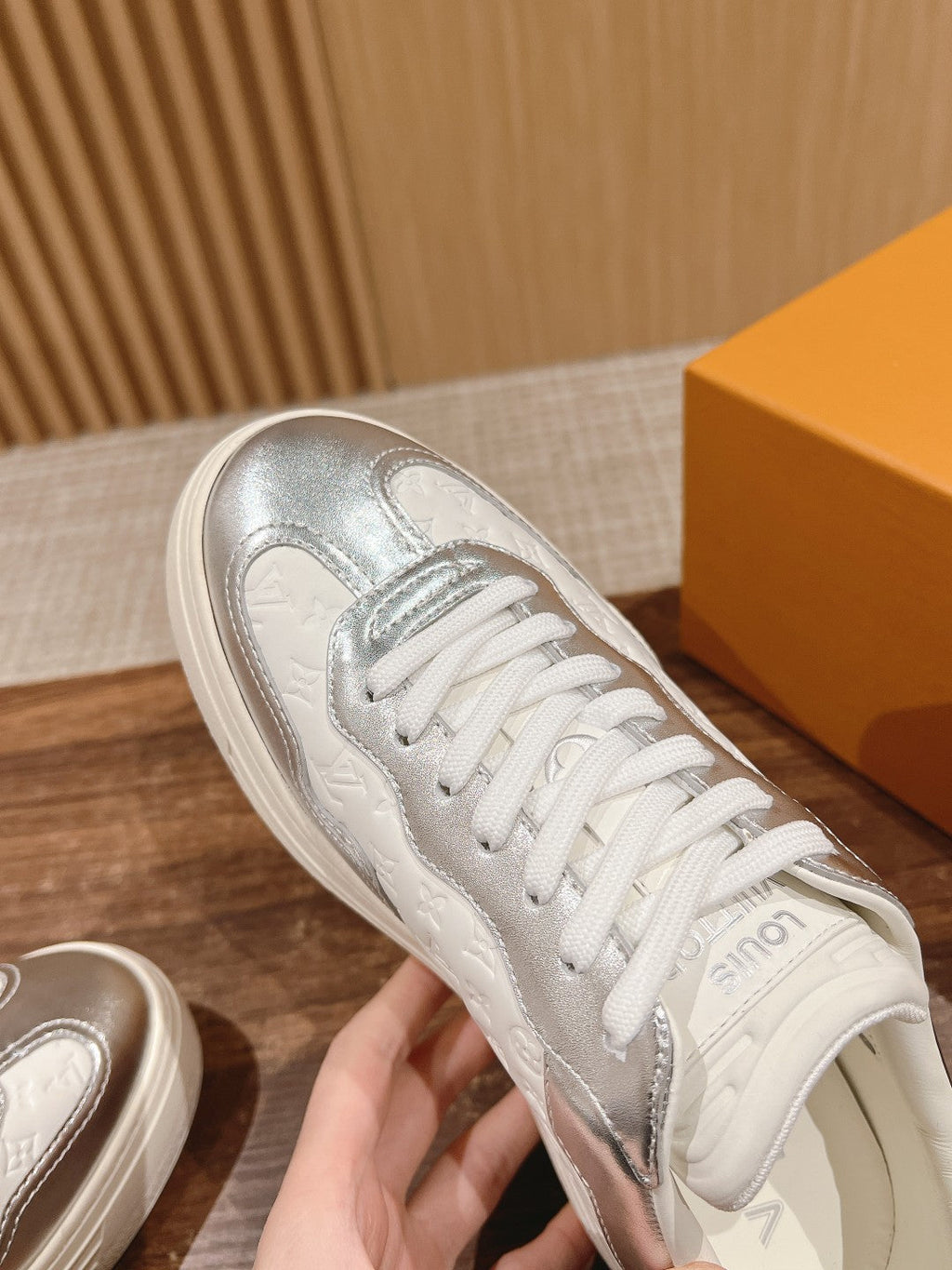 LOUIS VUITTON LV TRAINER SNEAKER IN SILVER MIX WHITE EMBOSSED CALFSKIN