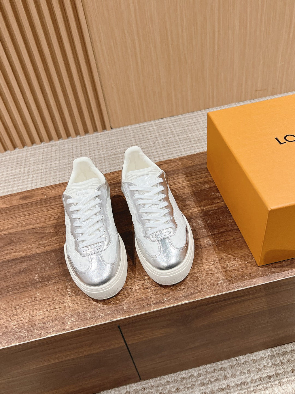 LOUIS VUITTON LV TRAINER SNEAKER IN SILVER MIX WHITE EMBOSSED CALFSKIN