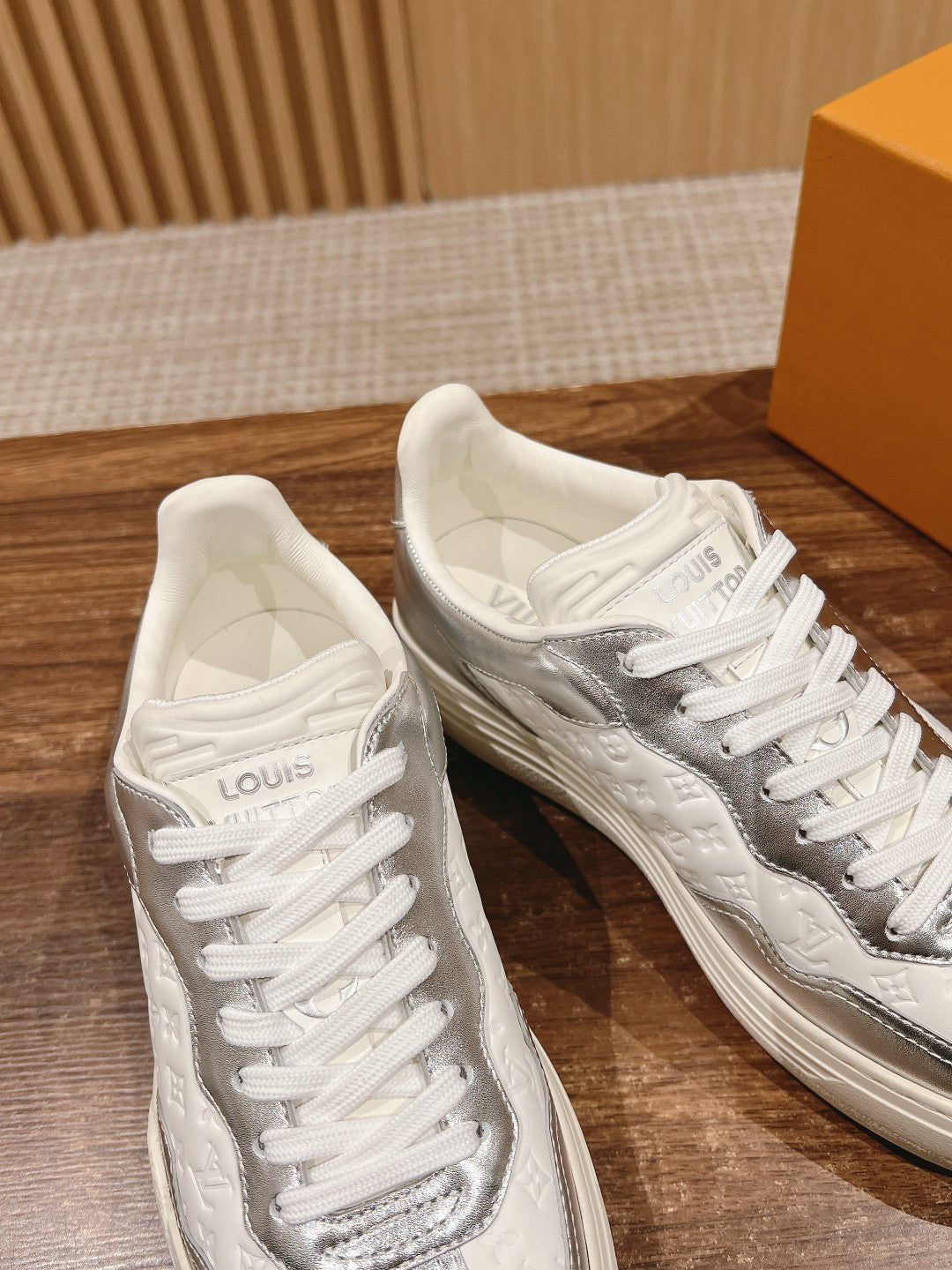 LOUIS VUITTON LV TRAINER SNEAKER IN SILVER MIX WHITE EMBOSSED CALFSKIN