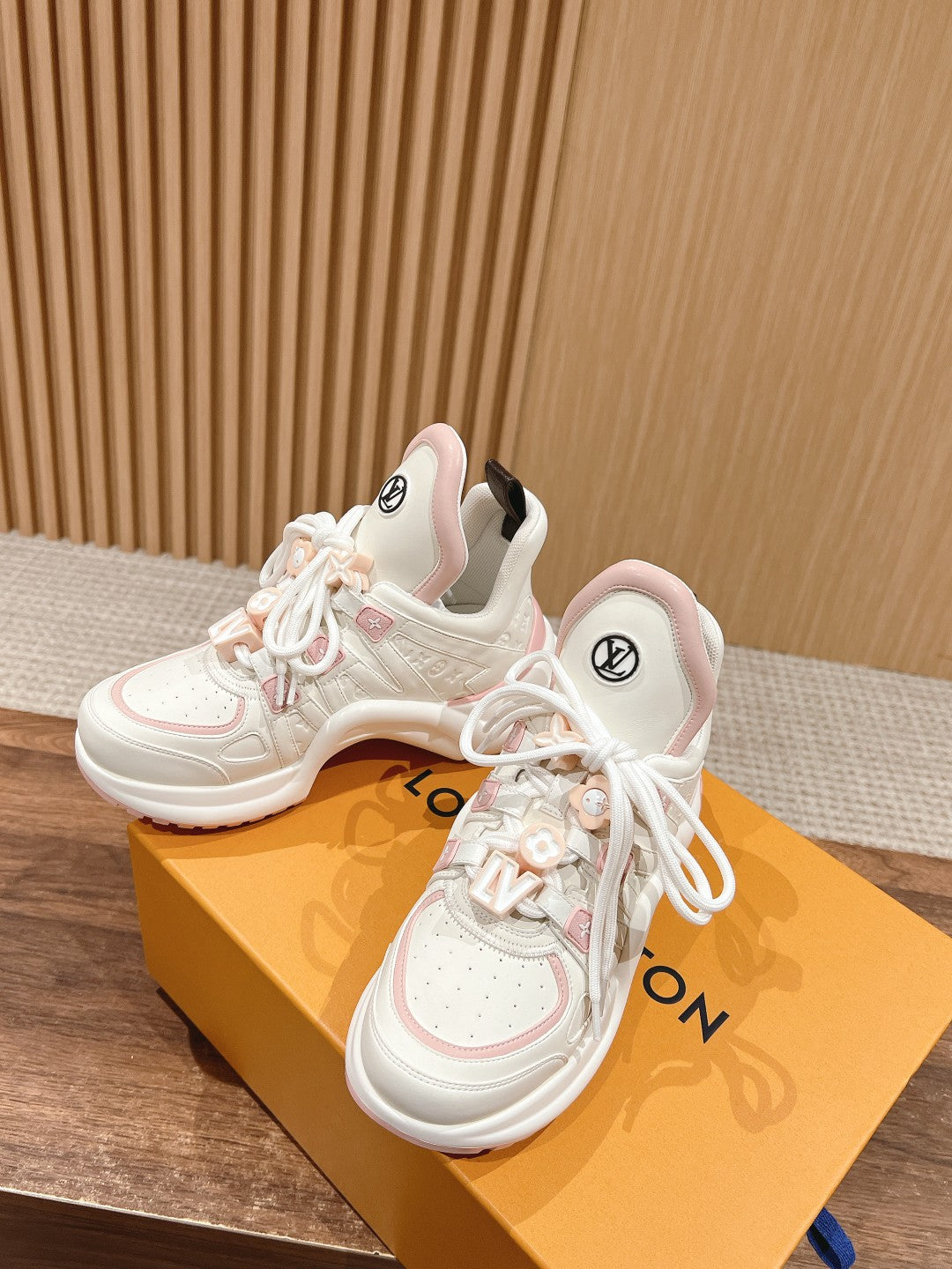LOUIS VUITTON LV ARCHLIGHT SNEAKER IN WHITE MIX LIGHT PINK EMBOSSED CALFSKIN