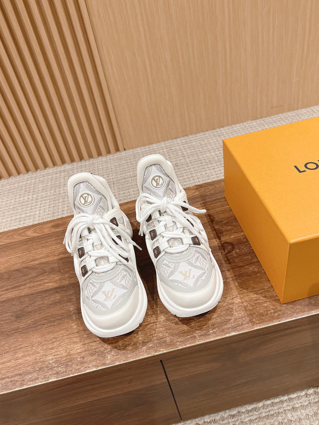LOUIS VUITTON LV ARCHLIGHT SNEAKER IN WHITE MIX PALE GRAY CALFSKIN AND MONOGRAM DENIM