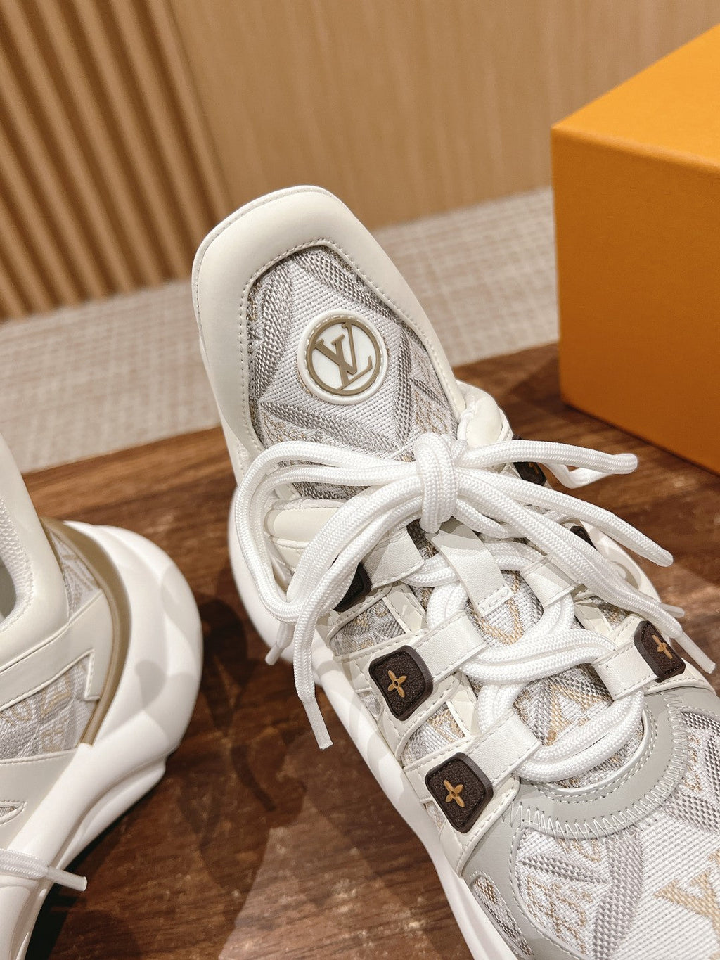 LOUIS VUITTON LV ARCHLIGHT SNEAKER IN WHITE MIX PALE GRAY CALFSKIN AND MONOGRAM DENIM