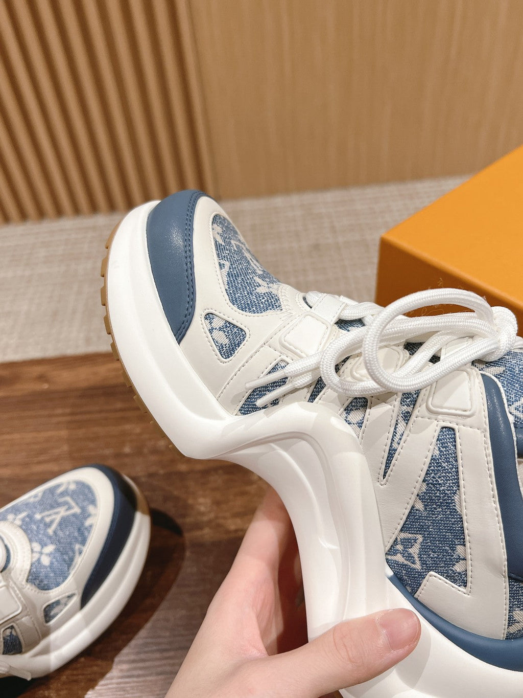 LOUIS VUITTON LV ARCHLIGHT SNEAKER IN WHITE MIX AEGEAN BLUE CALFSKIN AND MONOGRAM DENIM