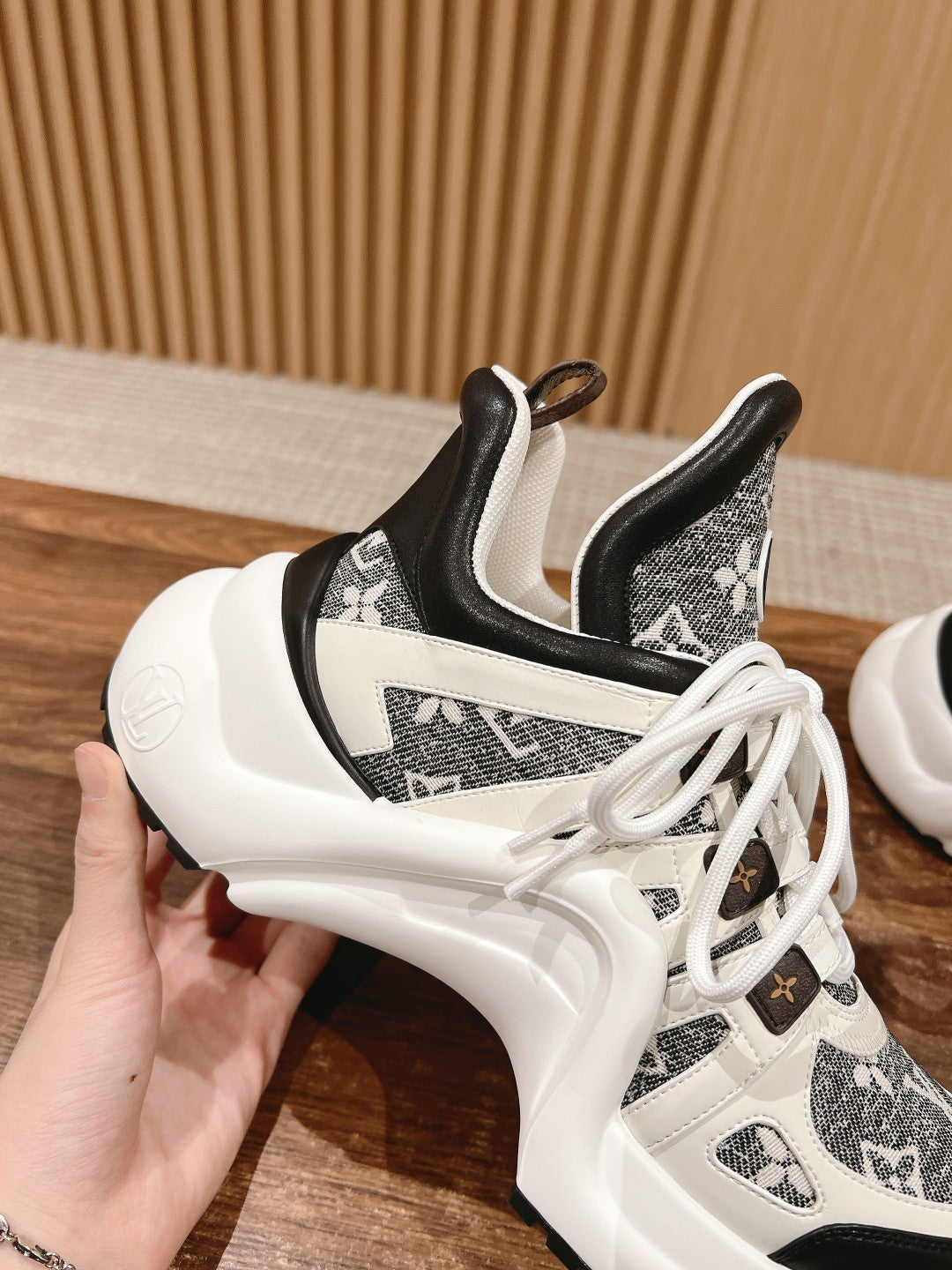 LOUIS VUITTON LV ARCHLIGHT SNEAKER IN WHITE MIX BLACK CALFSKIN AND MONOGRAM DENIM