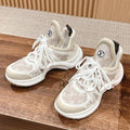 LOUIS VUITTON LV ARCHLIGHT SNEAKER IN WHITE CALFSKIN AND CAMEL BEIGE MONOGRAM DENIM