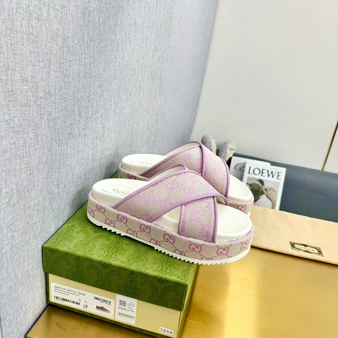 GUCCI SLIDE SANDAL PASTEL PINK CANVAS CROSS STRAPS