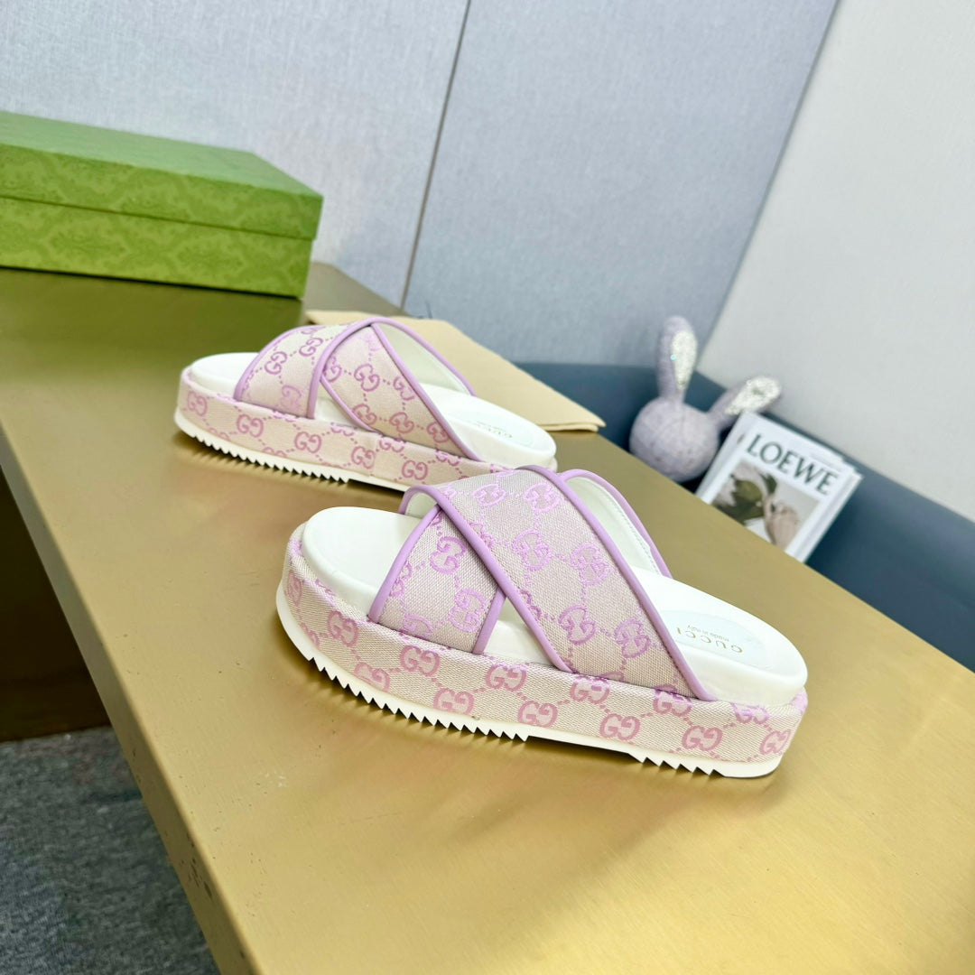 GUCCI SLIDE SANDAL PASTEL PINK CANVAS CROSS STRAPS