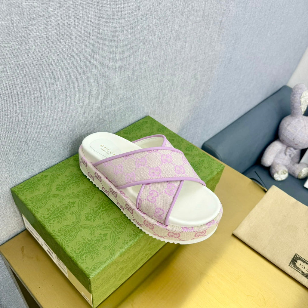 GUCCI SLIDE SANDAL PASTEL PINK CANVAS CROSS STRAPS