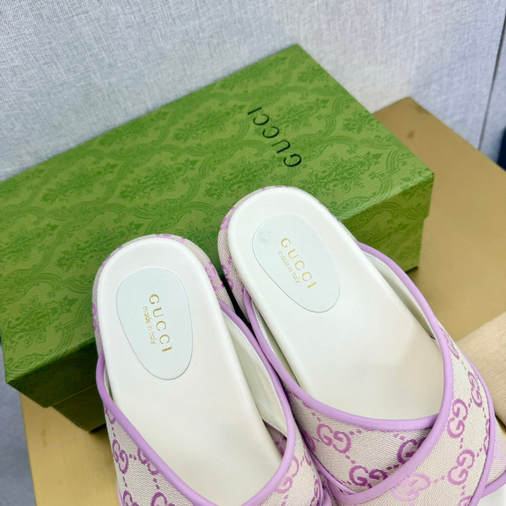 GUCCI SLIDE SANDAL PASTEL PINK CANVAS CROSS STRAPS