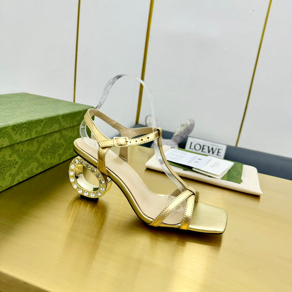 GUCCI MEDIUM-HEEL SANDAL IN GOLD CALFSKIN GOLD HARDWARE WITH RHINSTONES