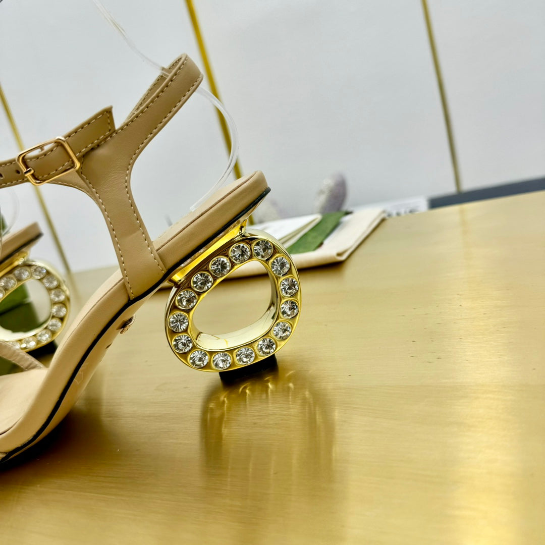 GUCCI MEDIUM-HEEL SANDAL IN TAN BEIGE CALFSKIN GOLD HARDWARE WITH RHINSTONES