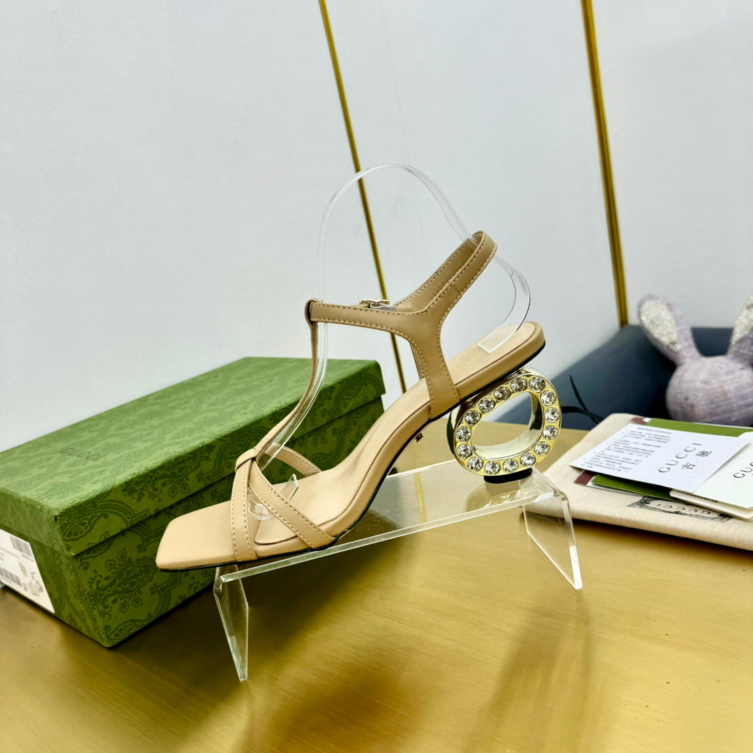 GUCCI MEDIUM-HEEL SANDAL IN TAN BEIGE CALFSKIN GOLD HARDWARE WITH RHINSTONES