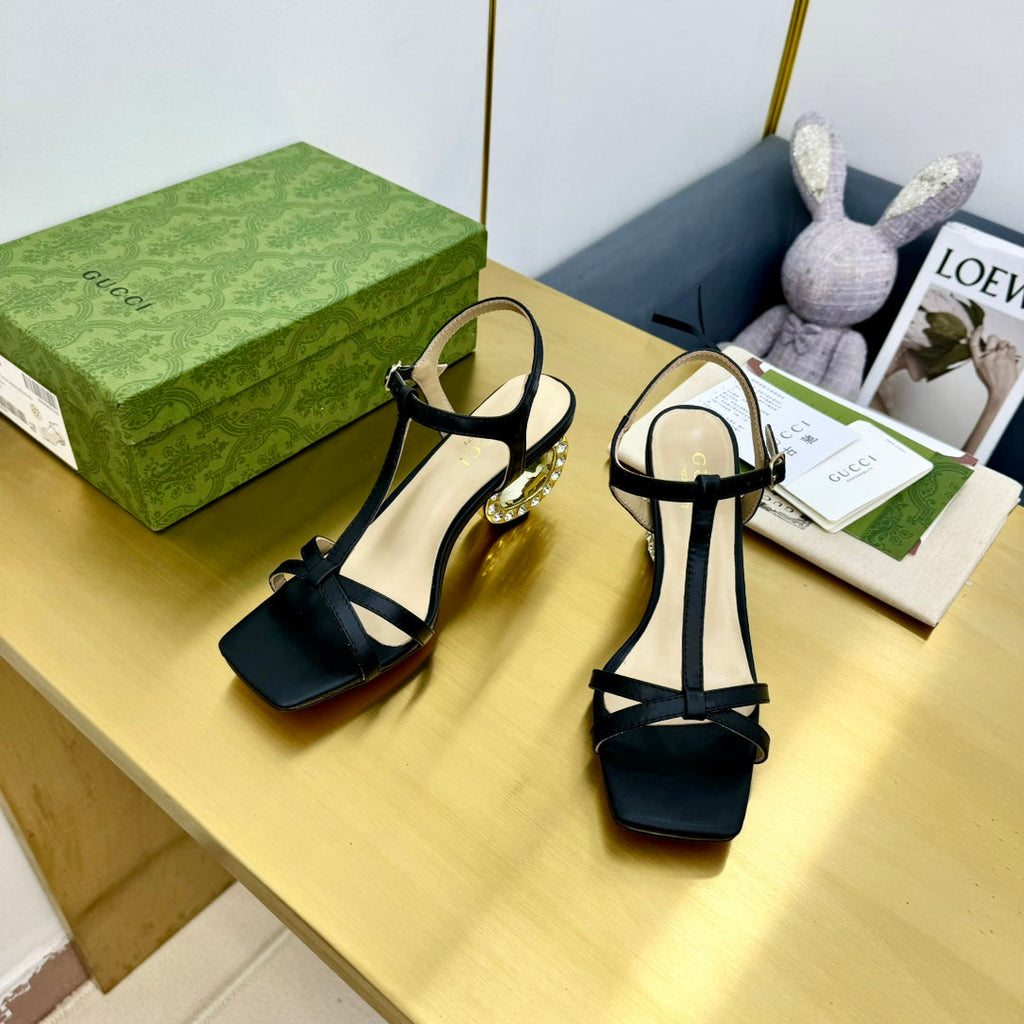 GUCCI MEDIUM-HEEL SANDAL IN BLACK CALFSKIN GOLD HARDWARE WITH RHINSTONES