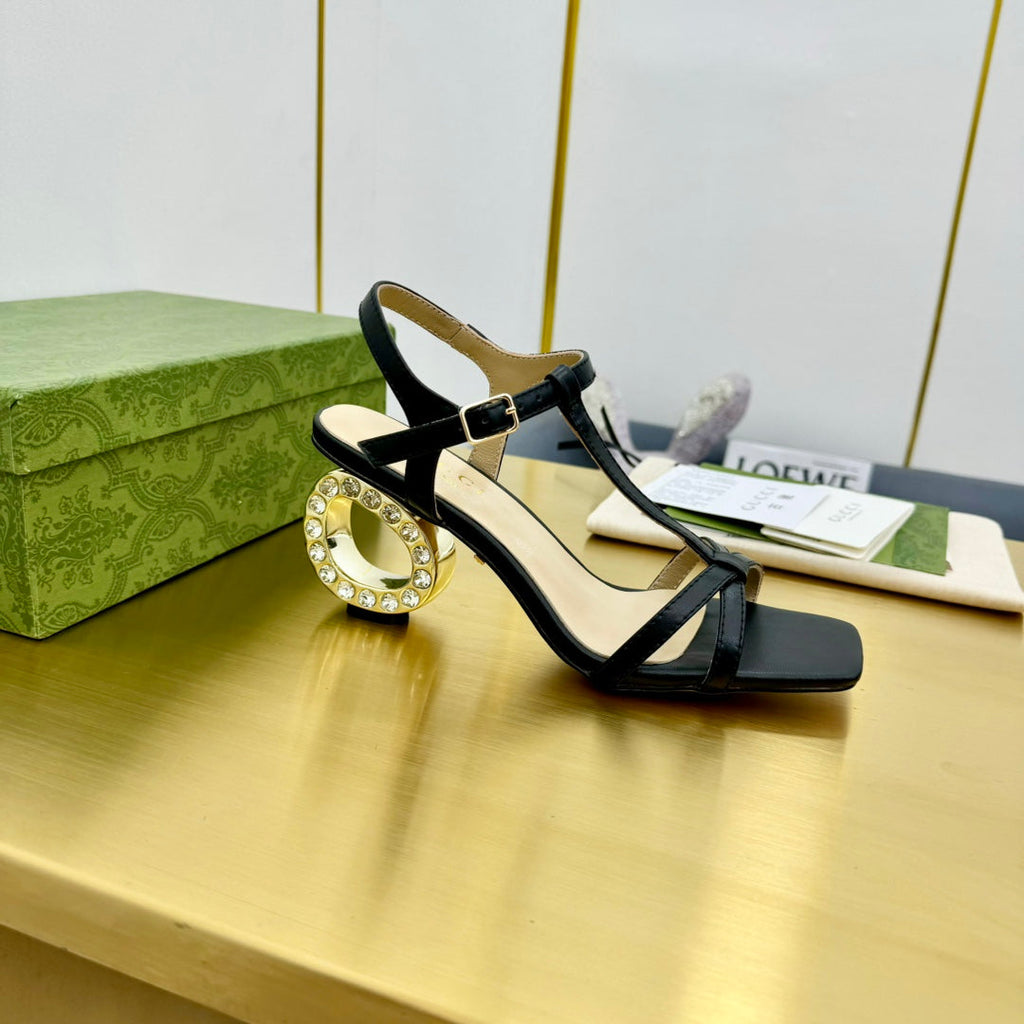 GUCCI MEDIUM-HEEL SANDAL IN BLACK CALFSKIN GOLD HARDWARE WITH RHINSTONES