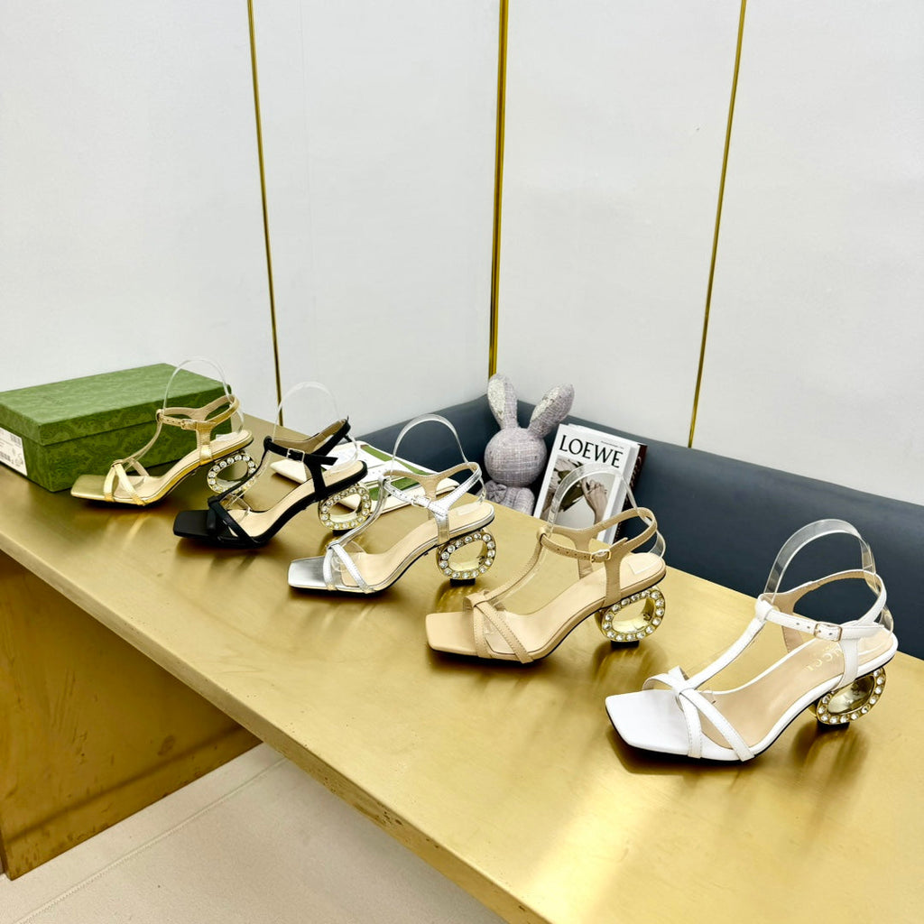 GUCCI MEDIUM-HEEL SANDAL IN BLACK CALFSKIN GOLD HARDWARE WITH RHINSTONES