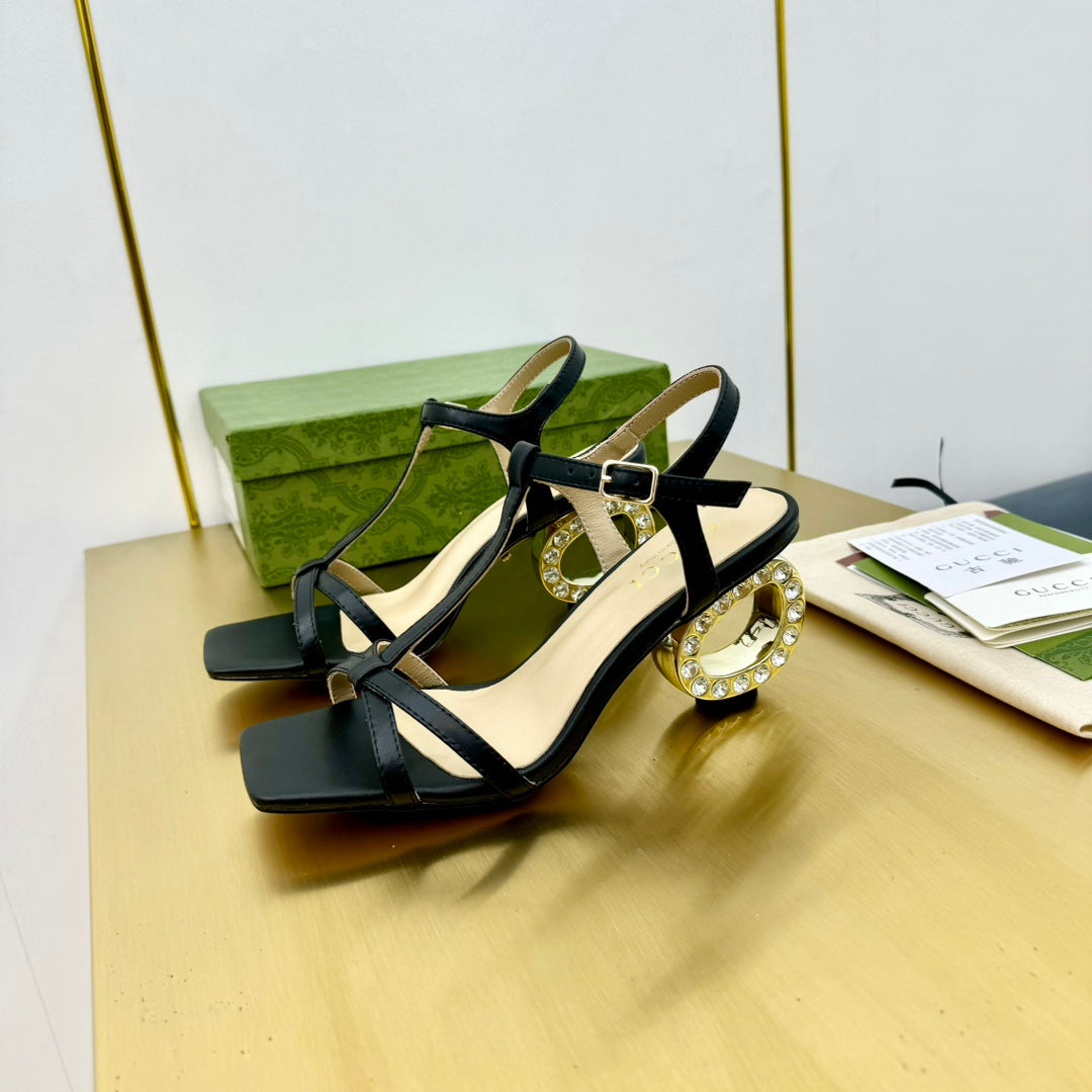 GUCCI MEDIUM-HEEL SANDAL IN BLACK CALFSKIN GOLD HARDWARE WITH RHINSTONES