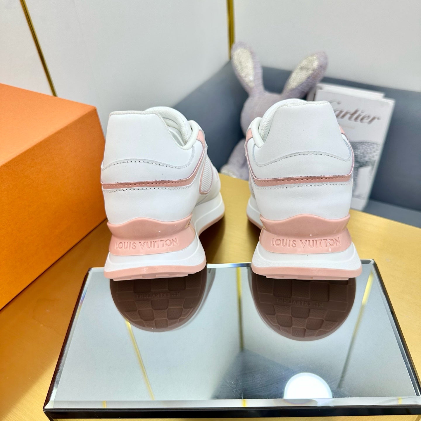LOUIS VUITTON NEO RUN AWAY SNEAKER IN WHITE MIX PEACH PINK CALFSKIN