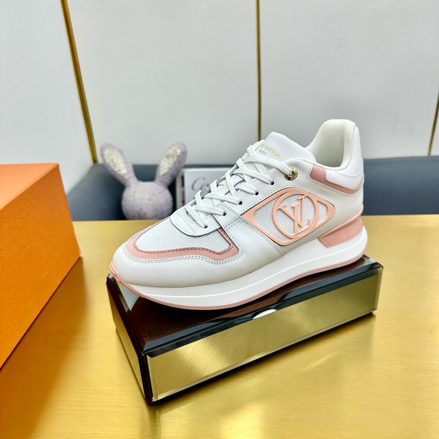 LOUIS VUITTON NEO RUN AWAY SNEAKER IN WHITE MIX PEACH PINK CALFSKIN