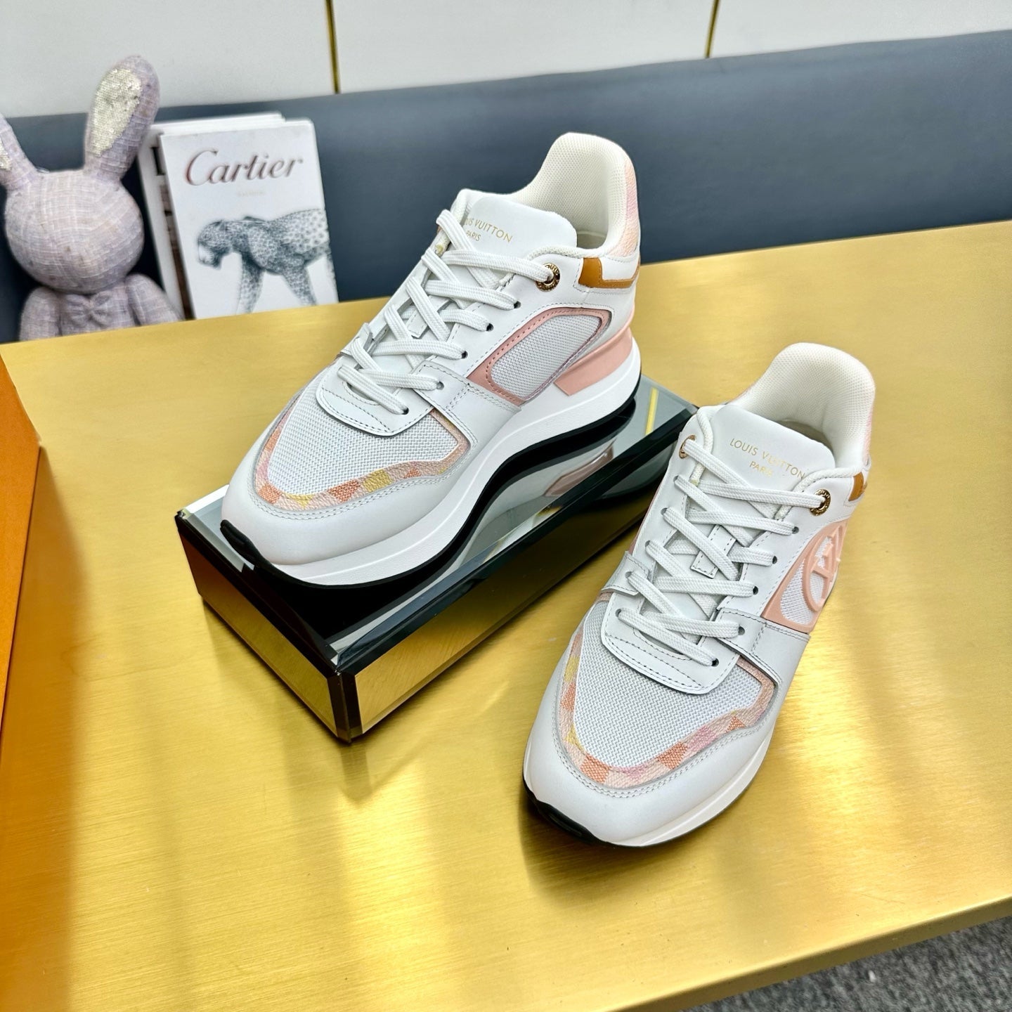 LOUIS VUITTON NEO RUN AWAY SNEAKER IN WHITE MIX PEACH PINK CALFSKIN