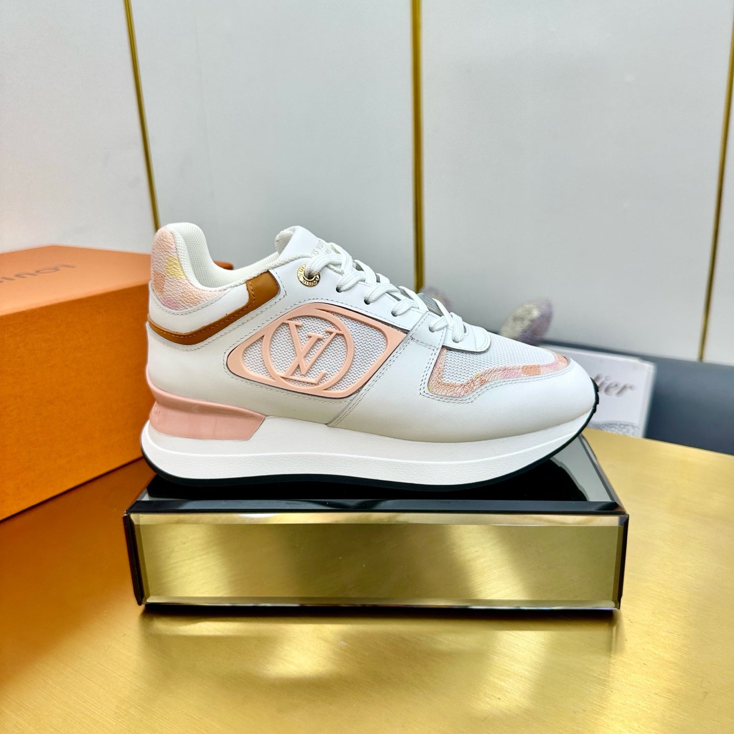 LOUIS VUITTON NEO RUN AWAY SNEAKER IN WHITE MIX PEACH PINK CALFSKIN