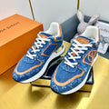 LOUIS VUITTON NEO RUN AWAY SNEAKER IN CLASSIC BLUE MONOGRAM DENIM AND ORANGE CALFSKIN